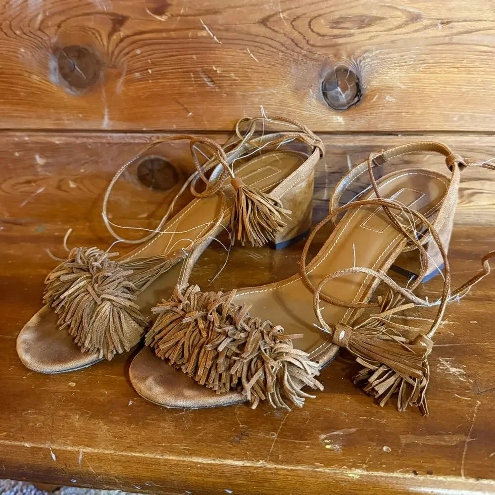 Aquazzura Wild Thing Fringe Tie Block-heel Sandals 37.5/7.5